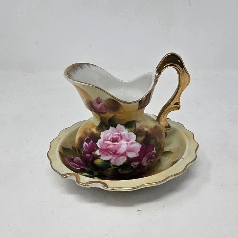 Vtg Enesco porcelain mini wash bowl & pitcher pink roses Japan hand painted